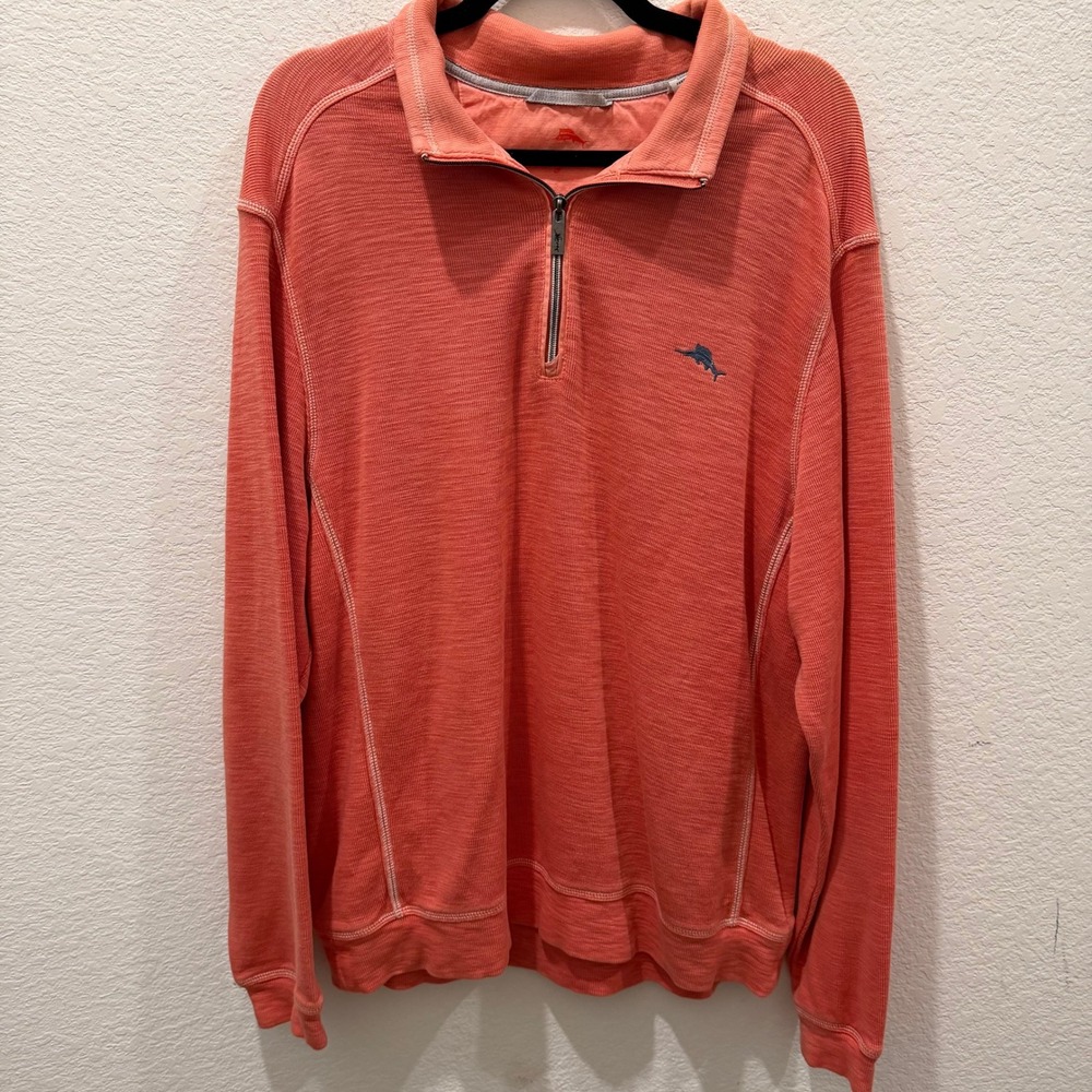 Tommy Bahama Mens Large Coral Orange Slub Knit Quarter Zip Pullover Marlin Logo
